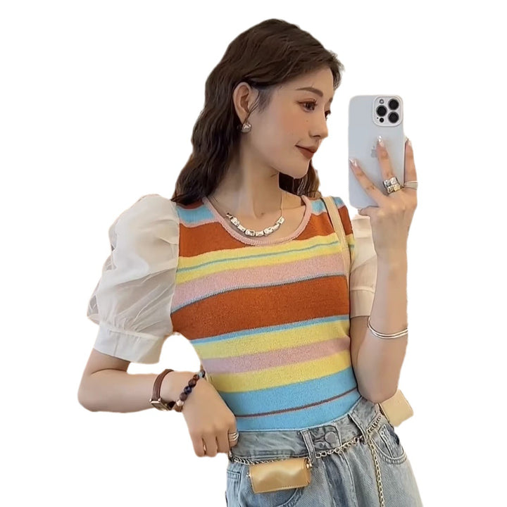 Women's short sleeve top with sophisticated puff sleeves and colorful striped pattern