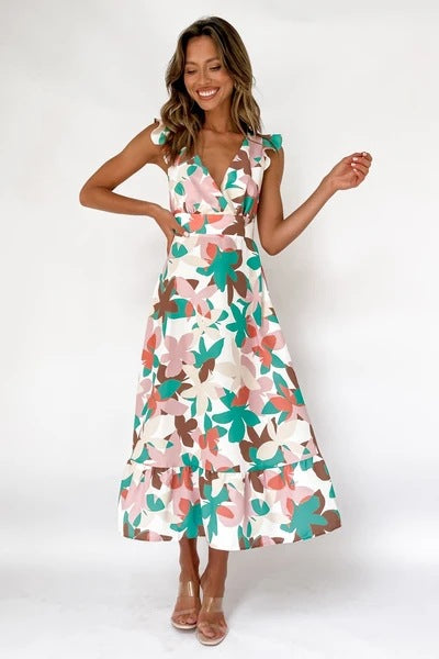 Women's Long Sleeve Maxi Dress with Playful Ruffle Design and Open Back