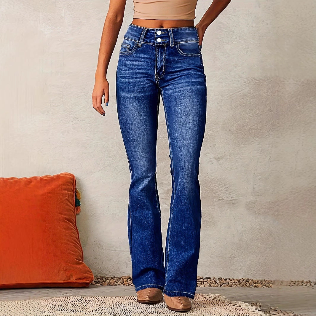 Women's High Waist Flared Jeans with Decorative Button Details and Figure-Flattering Cut