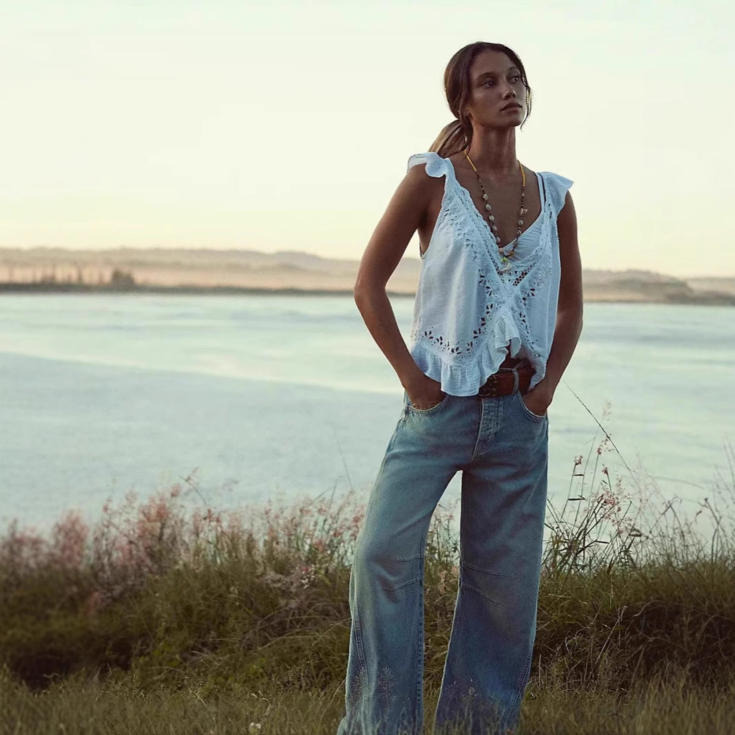 Women's airy linen crop top with ruffles Lisslune