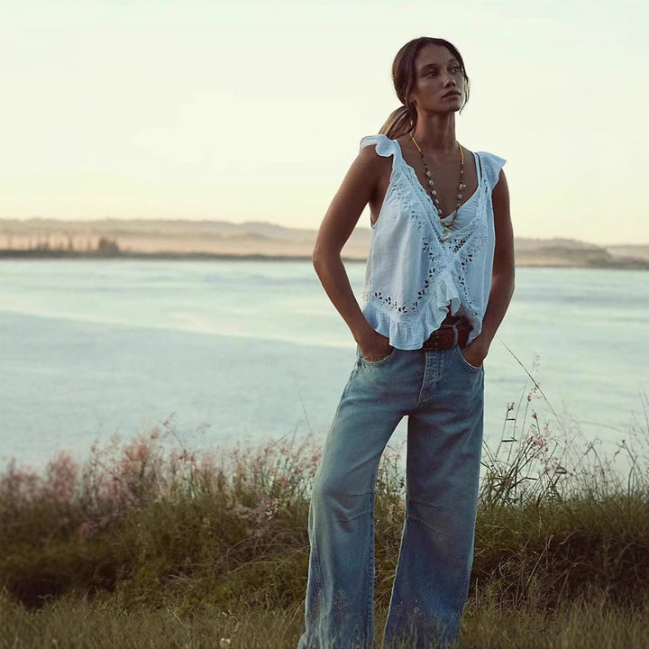 Women's airy linen crop top with ruffles Lisslune