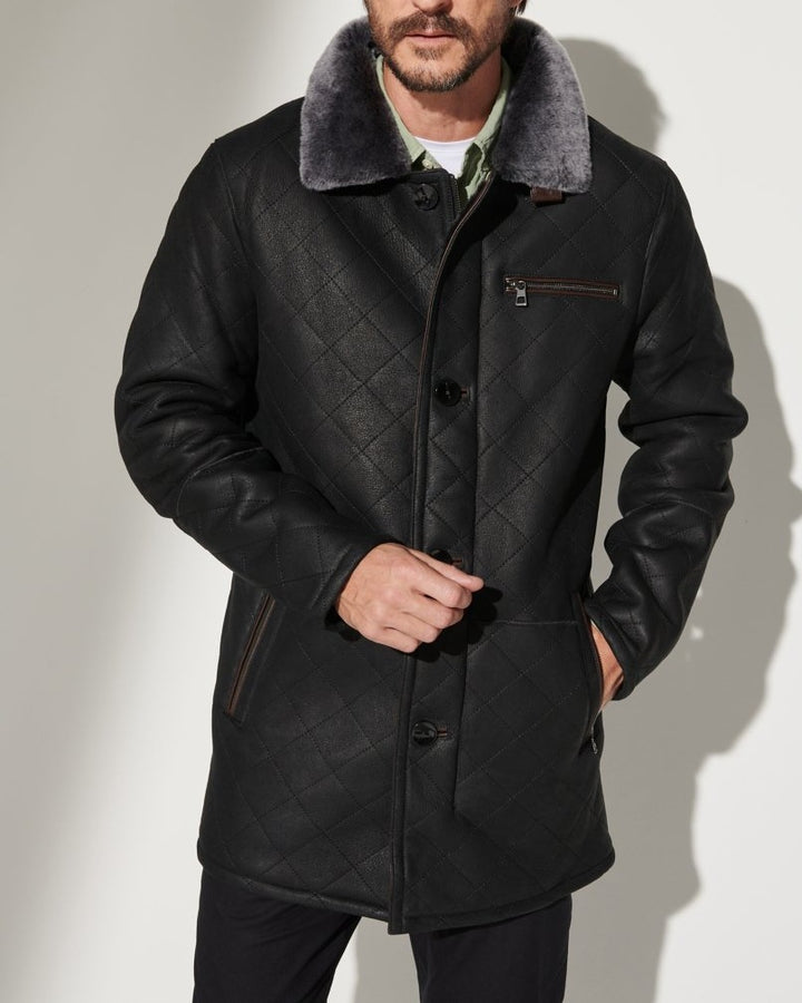 Men's quilted lamb leather coat with plush collar Lisslune