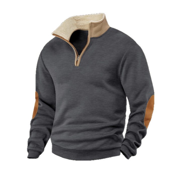 Men's fleece pullover with high collar and fashionable leather appliqués Lisslune