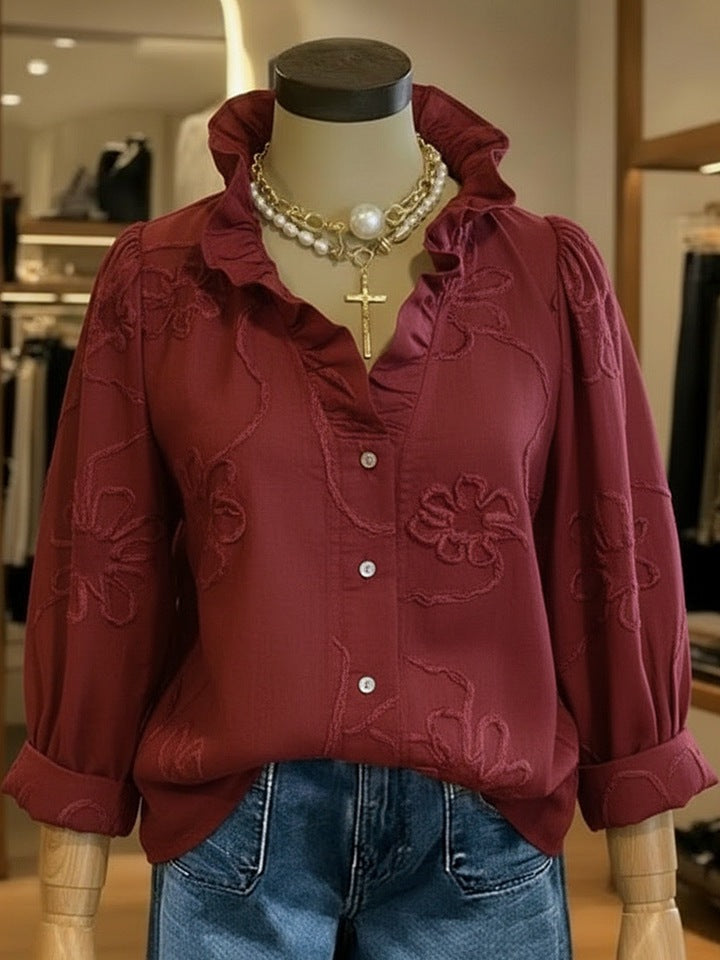 Damen elegante Bluse mit floralen Stickereien und voluminösen Ärmeln Lisslune