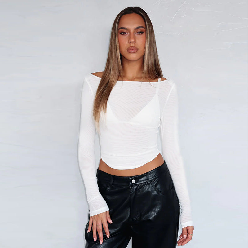 Women's long sleeve top with transparent mesh design and off-shoulder look