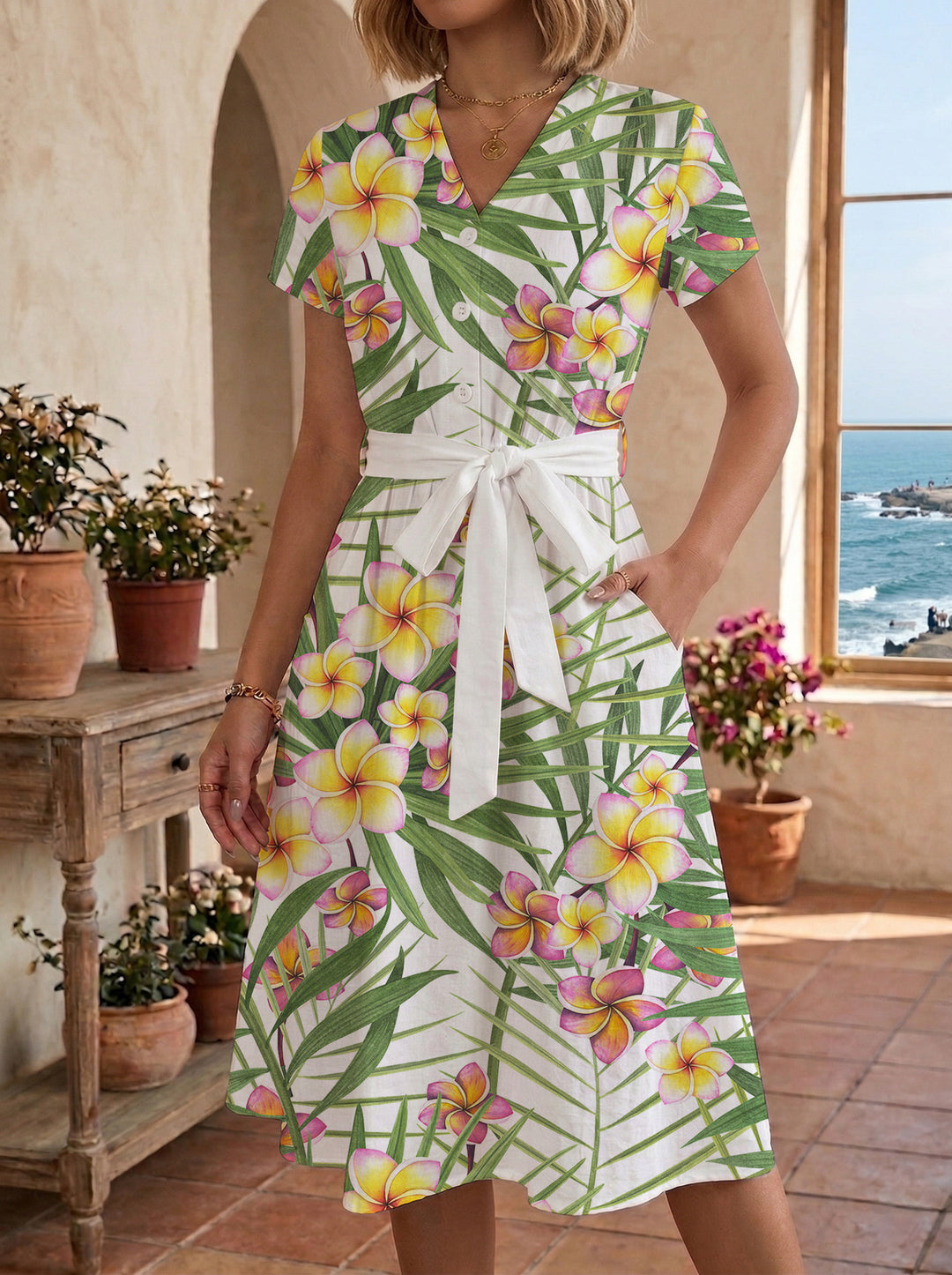 Women's Midi Dress with Floral Accents and Tailored Fit Lisslune