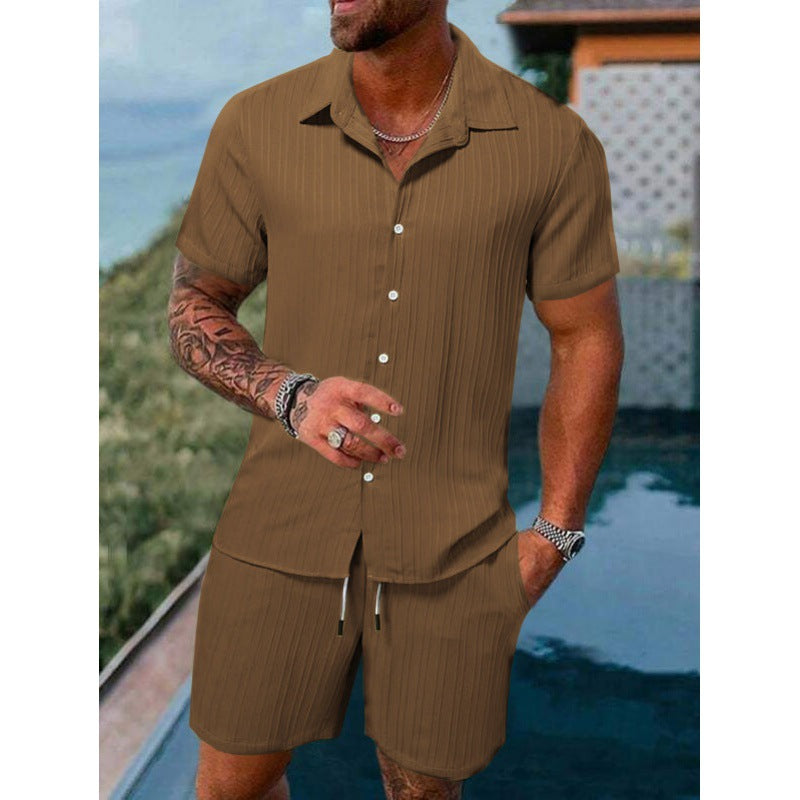 Men's short-sleeve leisure suit with textured design and elastic waistband Lisslune