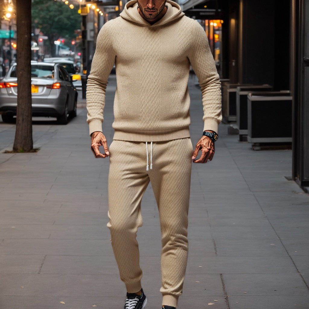 Men's Knit Leisure Suit with Hood and Modern Rib Design Lisslune