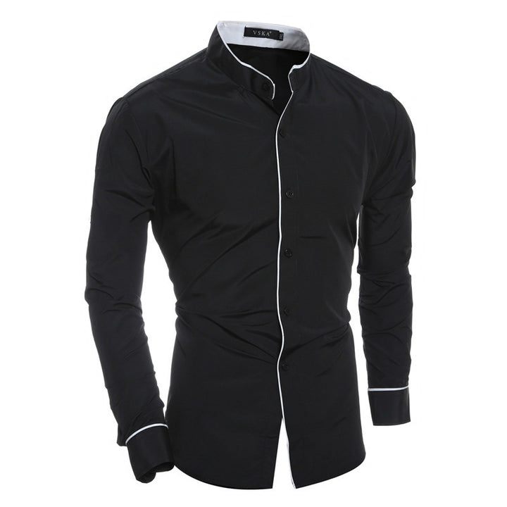 Men's Long-Sleeve Shirt with Modern Stand Collar and Contrasting Details Lisslune