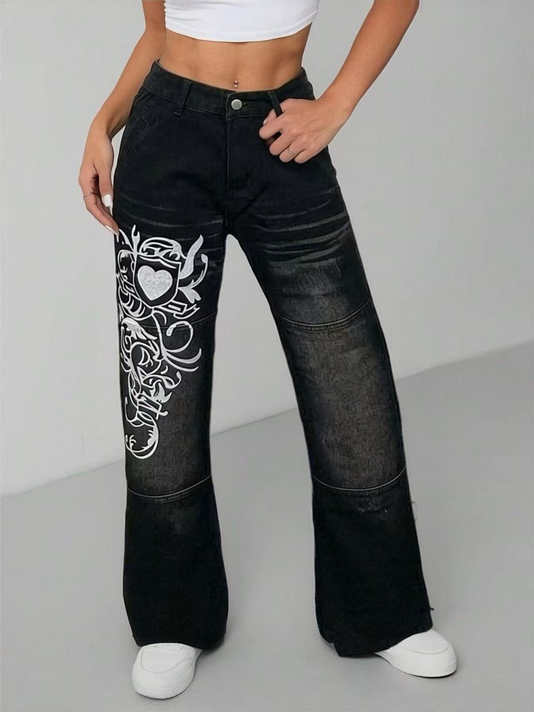 Damen weite Jeans mit kunstvollem Aufdruck Lisslune