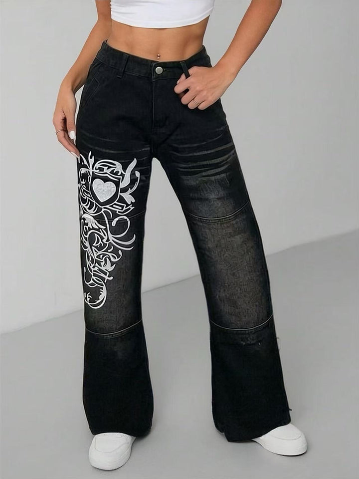 Damen weite Jeans mit kunstvollem Aufdruck Lisslune