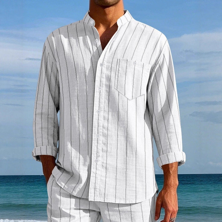 Men's long sleeve shirt with modern stand-up collar and fine stripe pattern Lisslune