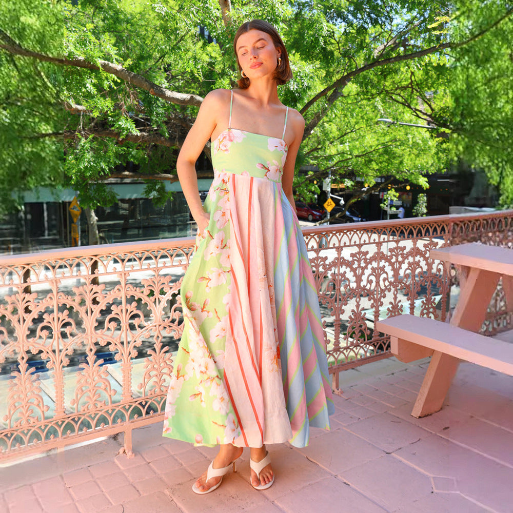 Women's maxi dress with multicolored floral design and stylish striped look