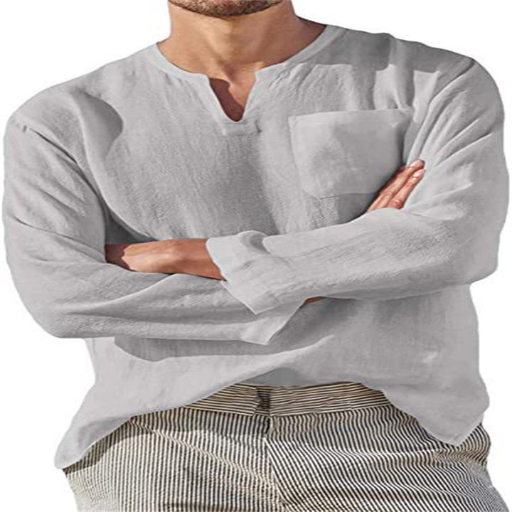 Men's linen shirt with casual V-neck and practical chest pocket Lisslune