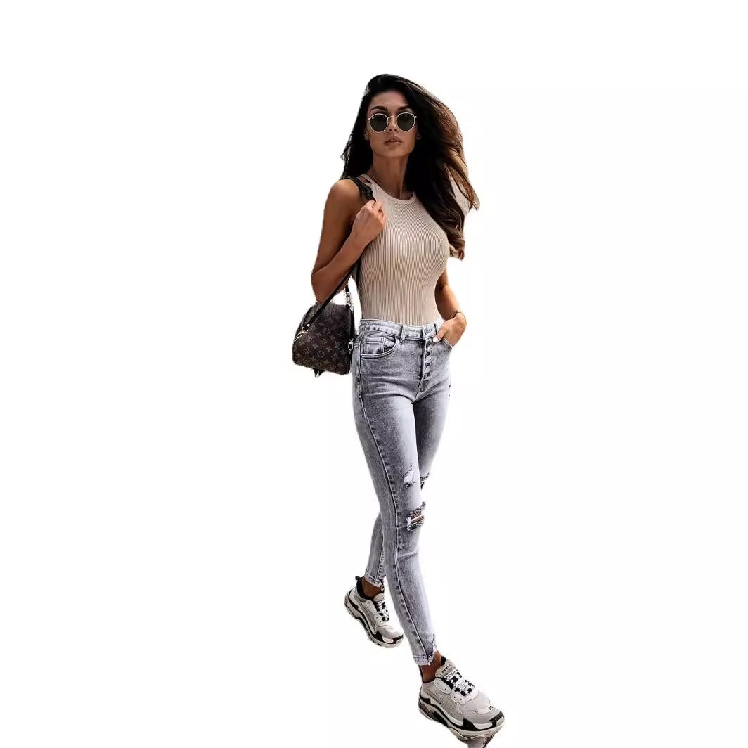 Women's Skinny Jeans with High Pockets and Trendy Distressed Details Lisslune