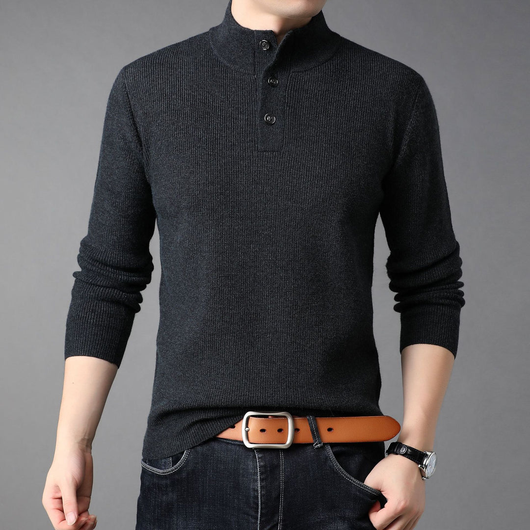 Men's Fine Knit Sweater with High Collar and Button Placket Lisslune