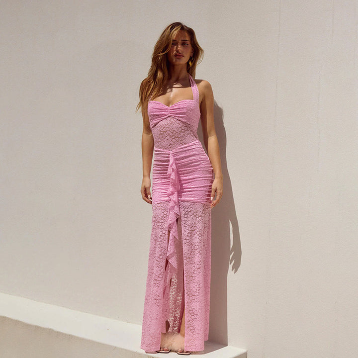 Ladies elegant and figure-hugging lace dress with chic gathering and fine straps Lune London