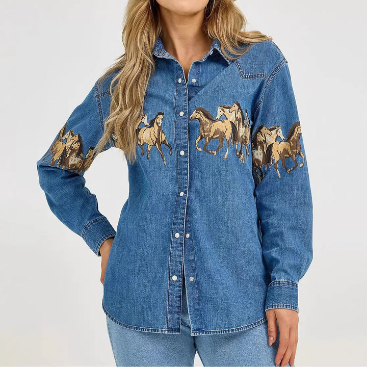 Ladies' denim shirt with creative horse design and high-quality cotton blend Lisslune