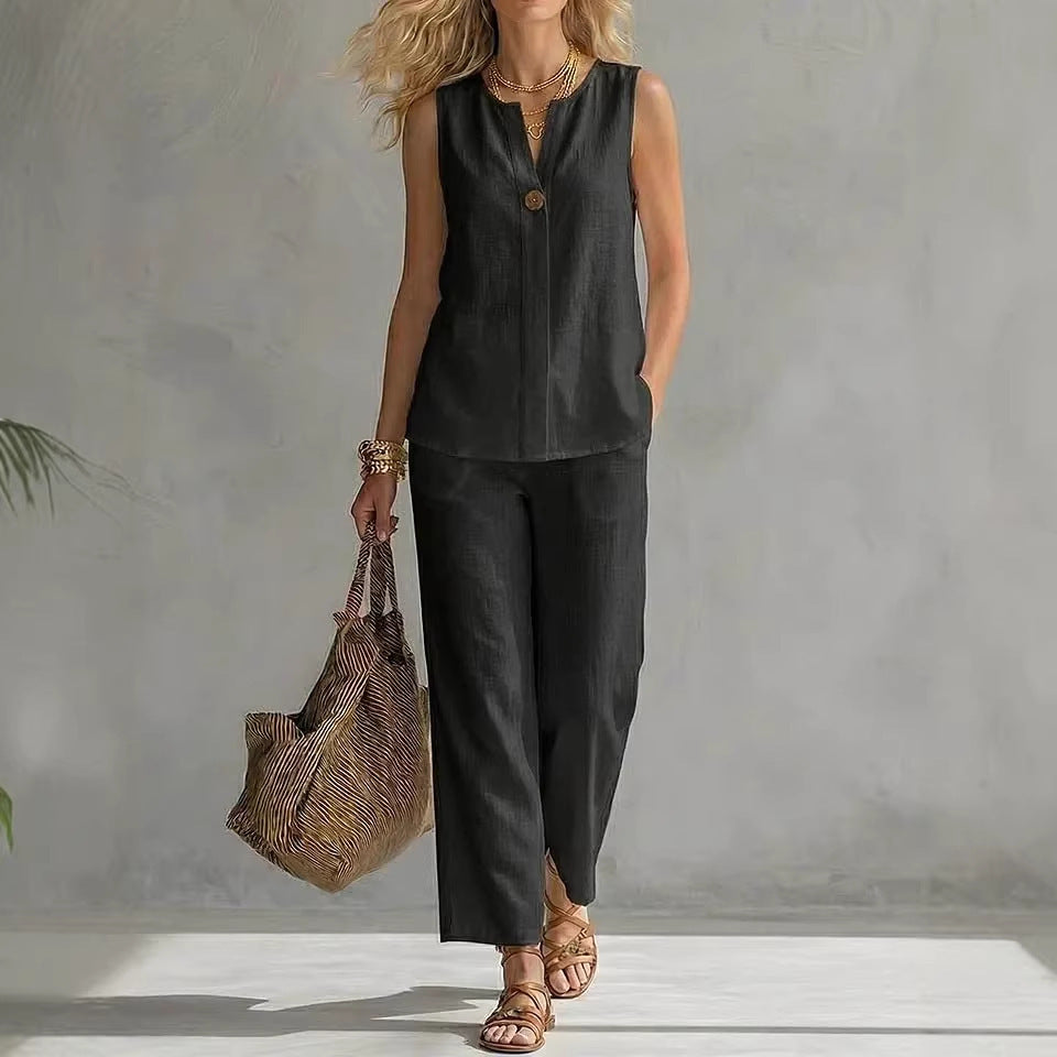 Women's Casual Two-Piece Set with Sleeveless Blouse and Trendy Pants Lisslune