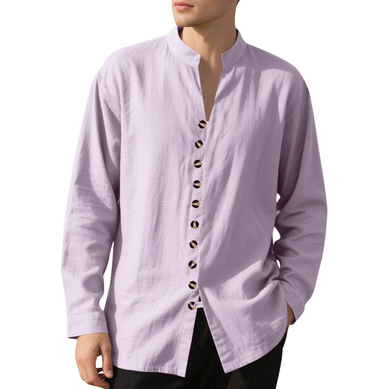 Men's casual long-sleeve shirt with elegant stand collar and chic button details Lisslune