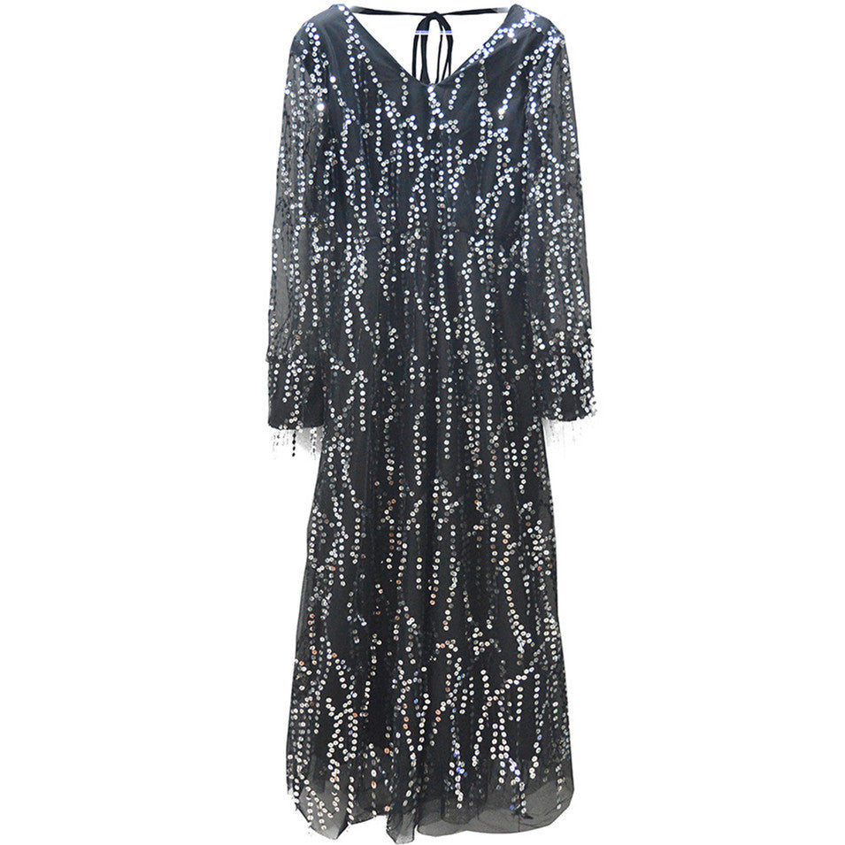 Women's Festive Maxi Dress with Sparkling Sequin Trim and Sheer Sleeves