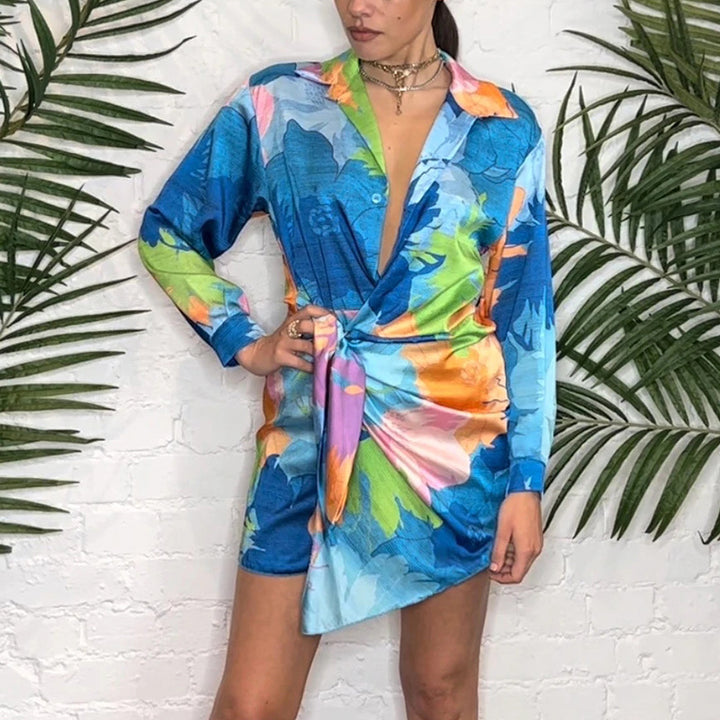 Women's shirt dress in innovative wrap design with colorful floral pattern