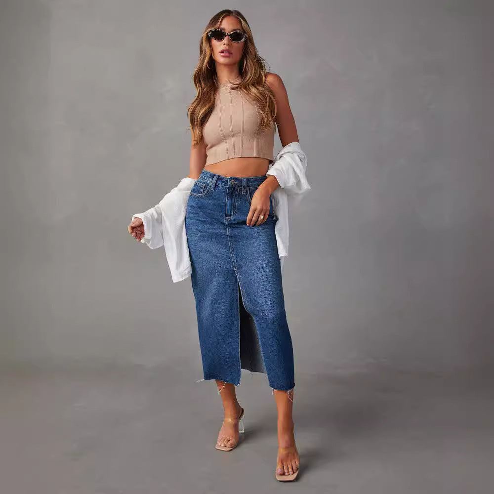 Women's high-cut denim mid skirt with side slit and frayed hems Lisslune