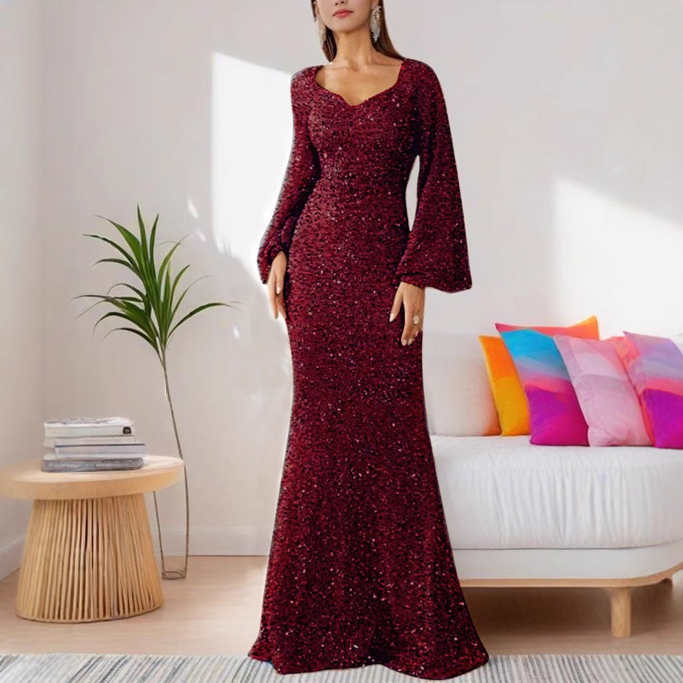 Ladies Glamorous Glitter Evening Dress with Swinging Skirt and Voluminous Sleeves Lisslune