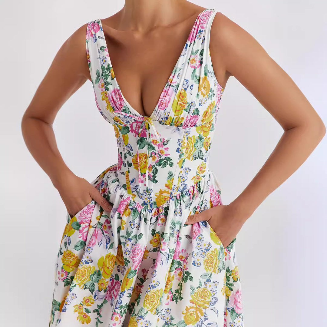 Ladies midi dress with floral accents and fitted top