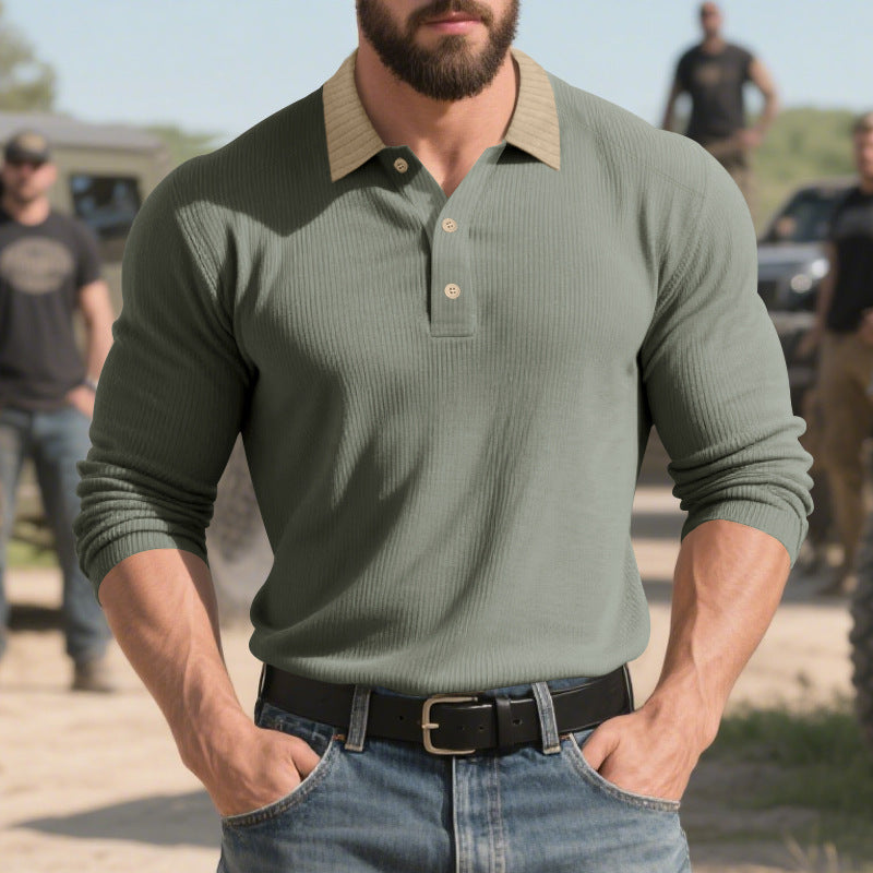 Men's long-sleeved polo shirt with textured design and classic collar Lisslune