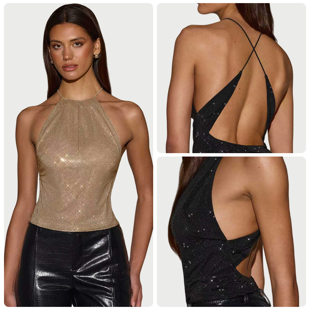 Women's Sparkling Top with Narrow Halter Design and Shimmering Accents Lisslune