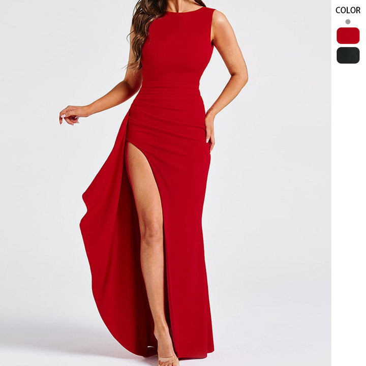 Women's evening dress with high slit and ruching