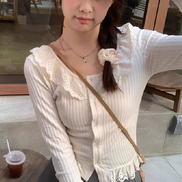 Women's long sleeve blouse with lace collar and decorative ruffle hem Lisslune