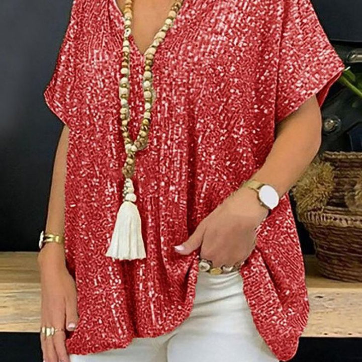 Women Sparkling Sequin Top with Casual Cut and V-Neck Lisslune