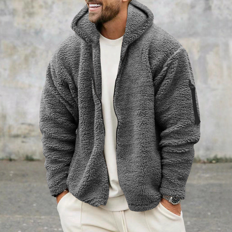 Men's Plush Fleece Jacket with Hood and Practical Pockets Lisslune