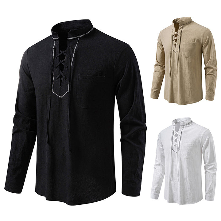 Men's long sleeve shirt with high-quality stand-up collar and decorative lacing Lisslune