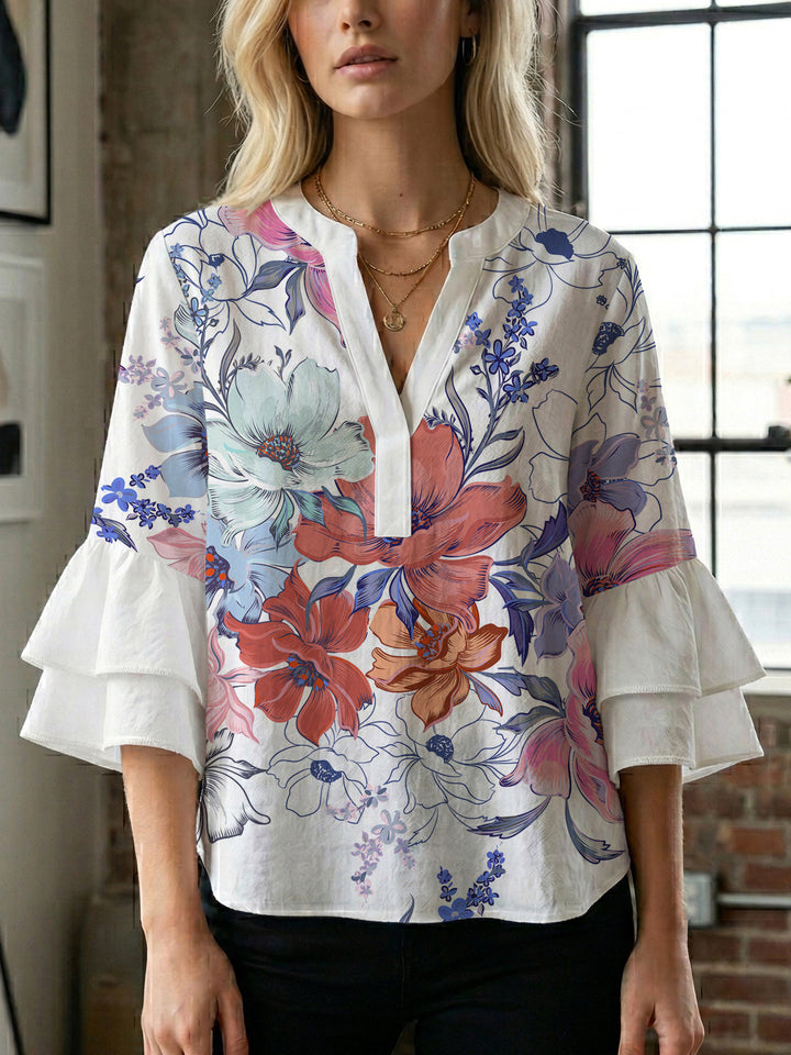 Women Elegant Top with Voluminous Puff Sleeves and Floral Print Lisslune