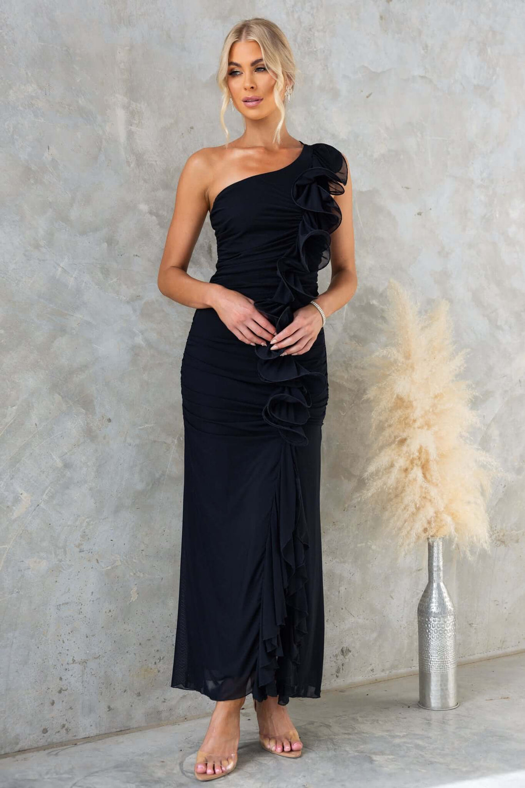 Women Elegant Ruffle Maxi Dress in the Style of a Side with High Slit Lune London