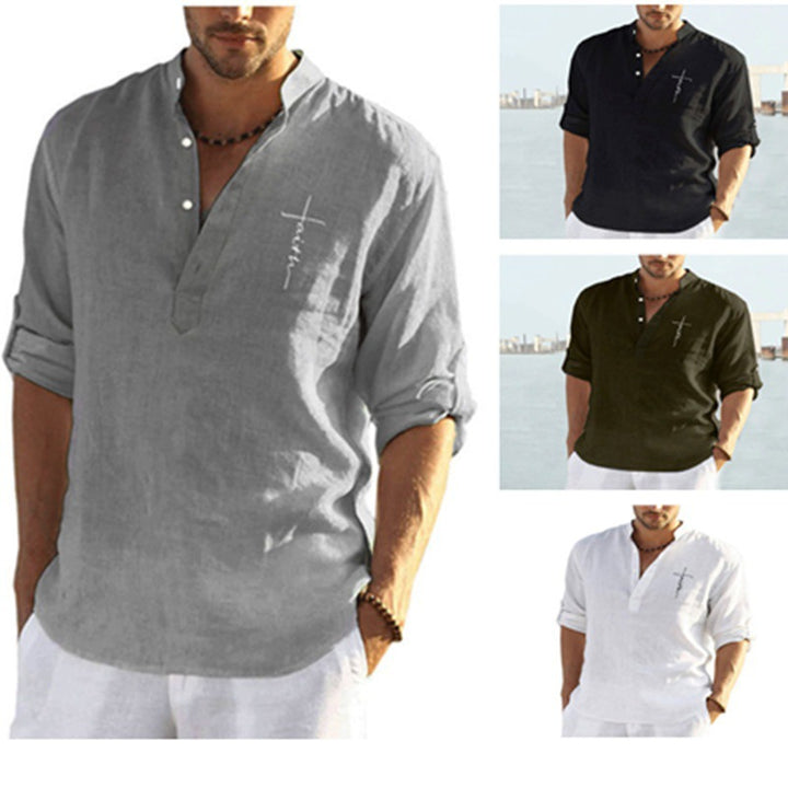 Men's linen shirt with modern stand-up collar and high-quality embroidery Lisslune
