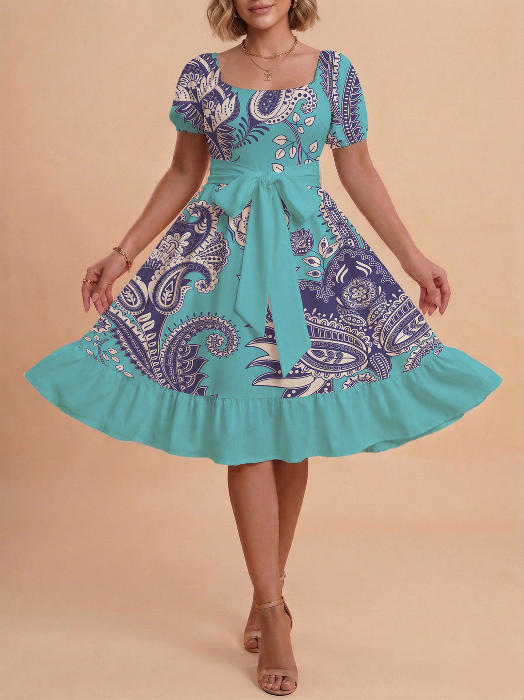 Women's elegant maxi dress with floral design and waist belt Lisslune