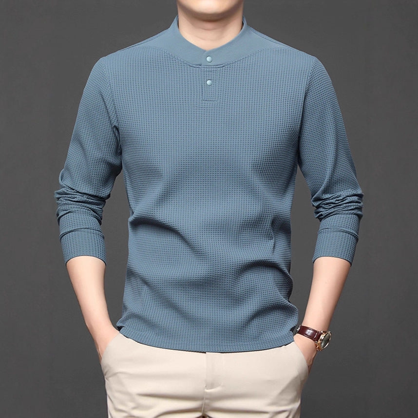 Men's Long Sleeve Shirt with Textured Design and Stand-up Collar Lisslune