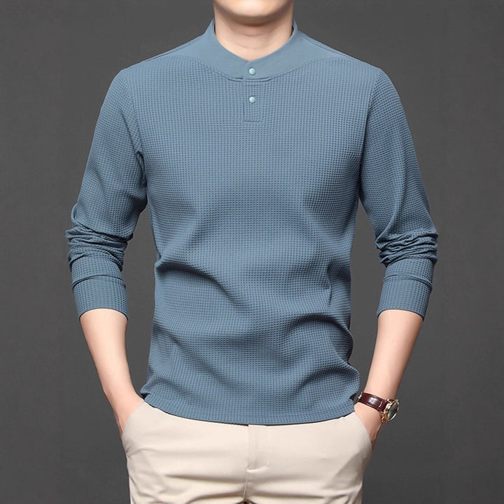 Men's Long Sleeve Shirt with Textured Design and Stand-up Collar Lisslune