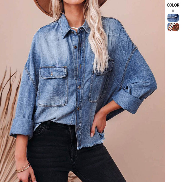 Women's Casual Denim Shirt Jacket with Fringed Cuffs and Practical Pockets Lisslune