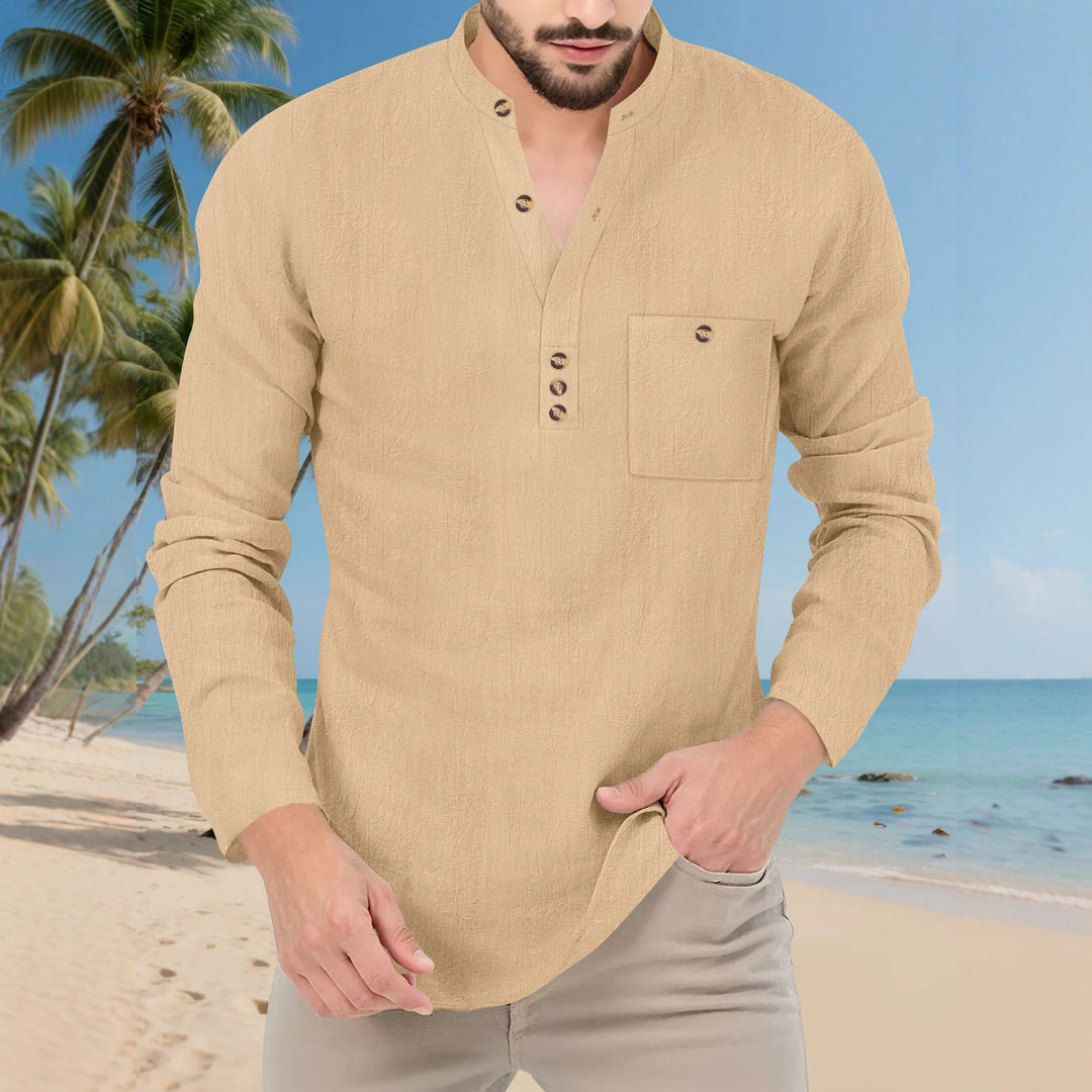 Men's Casual Long Sleeve Shirt with Button Placket and Chest Pocket Lisslune