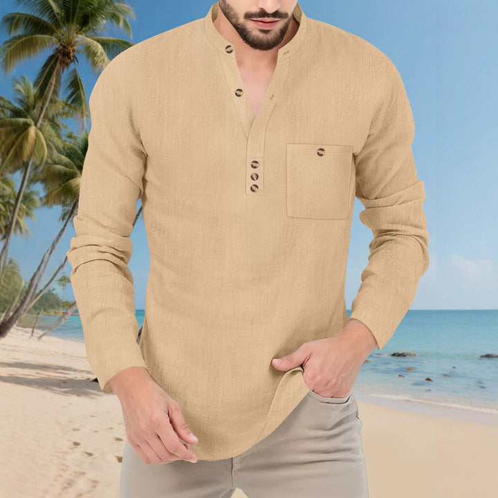 Men's Casual Long Sleeve Shirt with Button Placket and Chest Pocket Lisslune