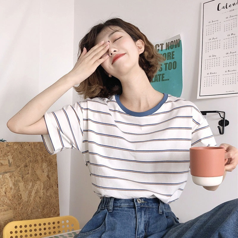 Women Striped T-Shirt with Round Neck and Loose Fit Lisslune