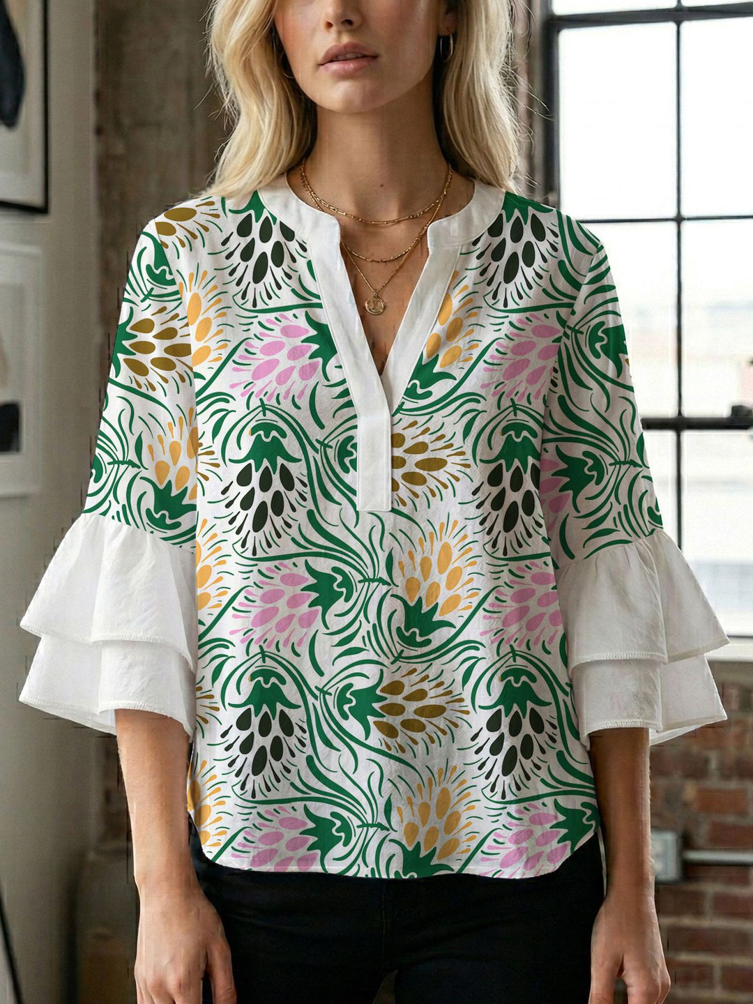 Women's blouse shirt with voluminous sleeves and creative print design Lisslune