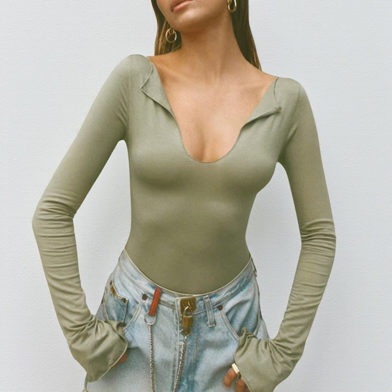 Women's long sleeve bodysuit with deep V-neckline and sophisticated sleeve openings Lune London