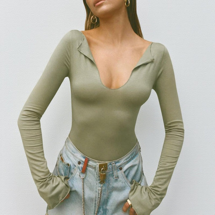 Women's long sleeve bodysuit with deep V-neckline and sophisticated sleeve openings Lune London