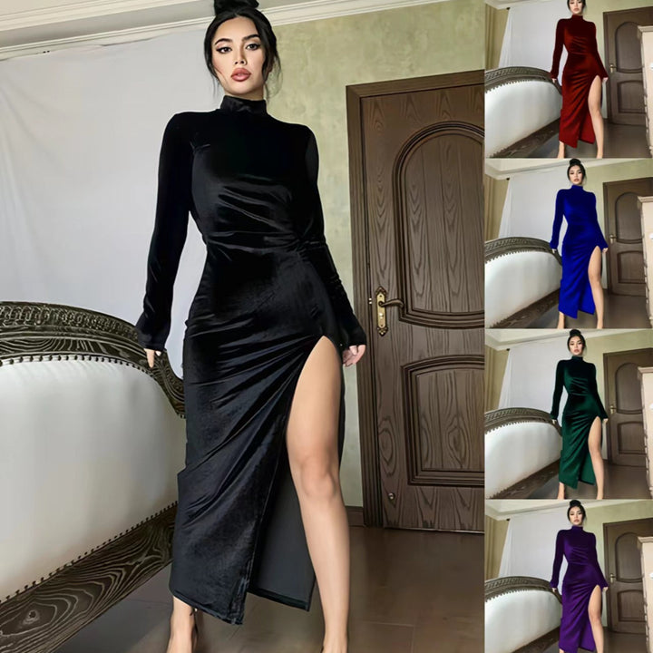 Damen Elegantes Samt-Maxi-Kleid mit hohem Schlitz und Stehkragen Lisslune